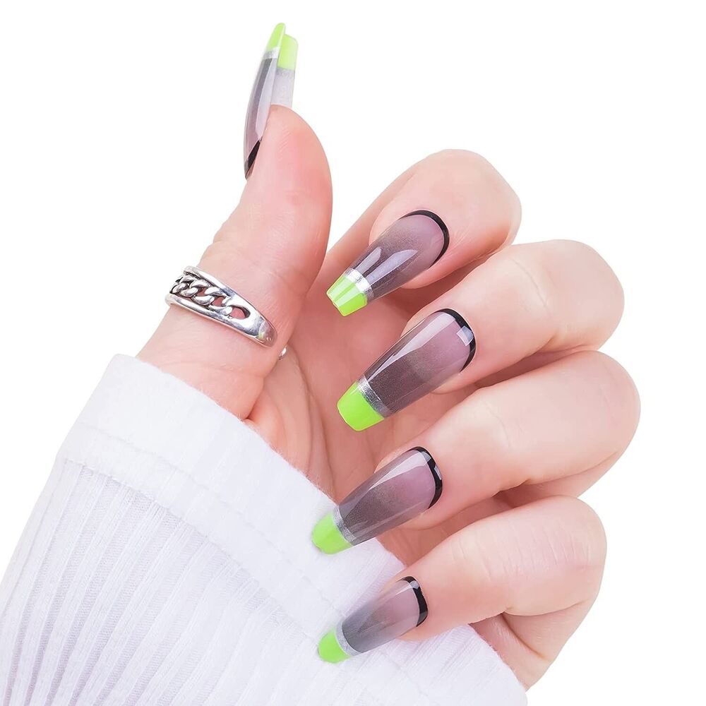 Press on Nails Coffin Medium Gray Clear Green French Tip Soft Gel Fake Nail 24ct